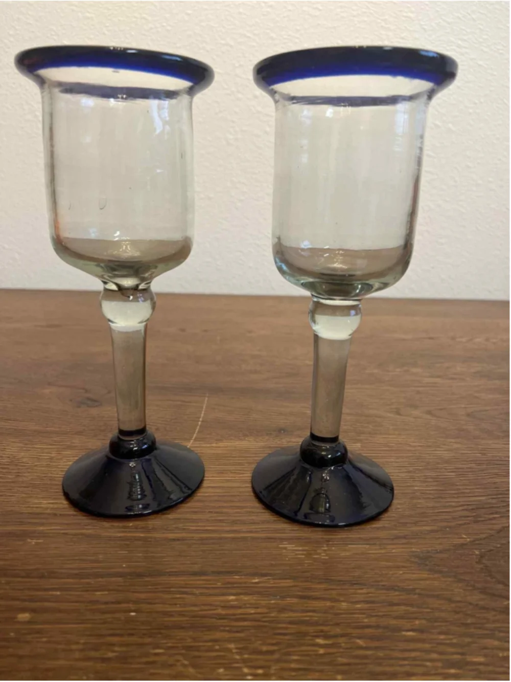 Pair of Mexican Hand Blown Glass Goblets Cobalt Blue Rim & Base Wine Glasses